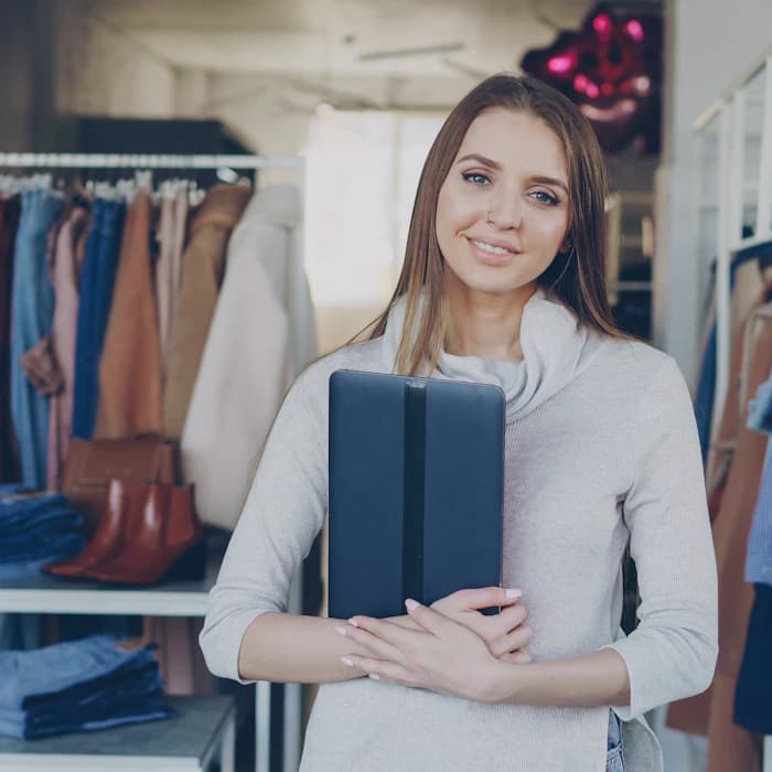 A clothing-boutique owner holding a tablet